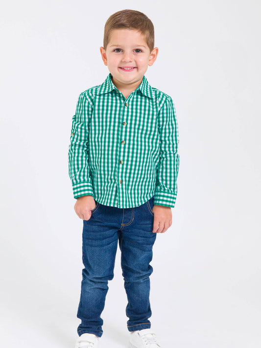 Boys Christmas Classic Emerald Green Gingham Long Sleeve Button Down Shirt