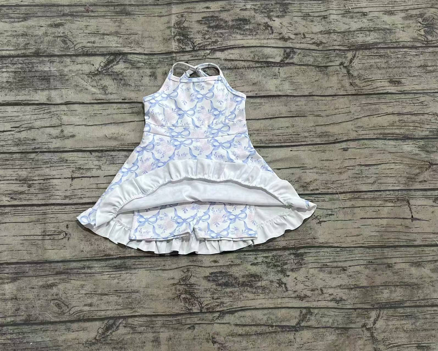 Baby Girls Strap Blue Bows Floral Yoga Ruffle Athletic Dresses
