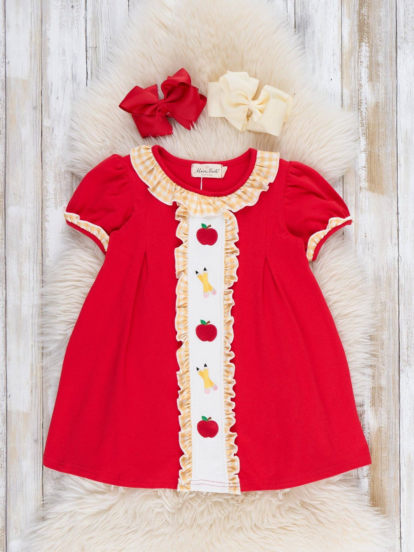Sweet Apple Embroidered Pencils Ruffle Dress
