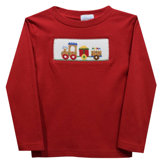 Christmas Train Smocked Red Knit Long Sleeve Boys T-Shirt