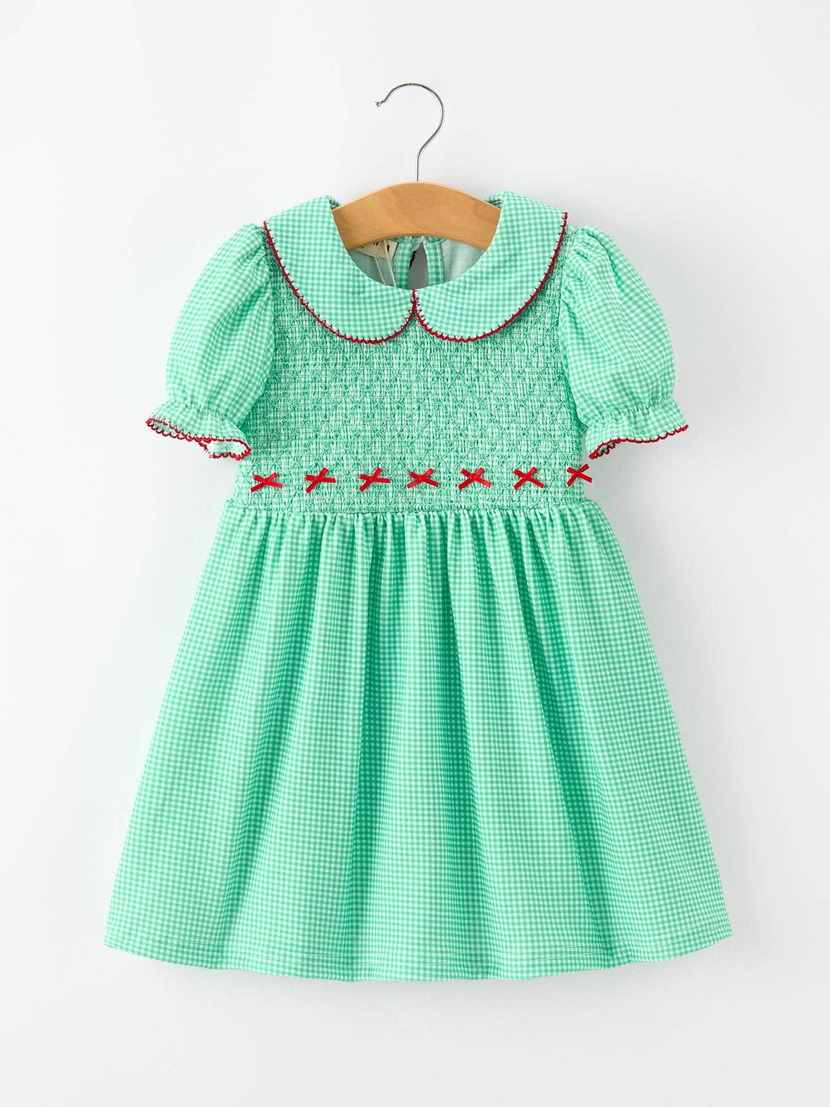 Christmas Girls Green Plaid Smocked Bow Peter Pan Collar Dress