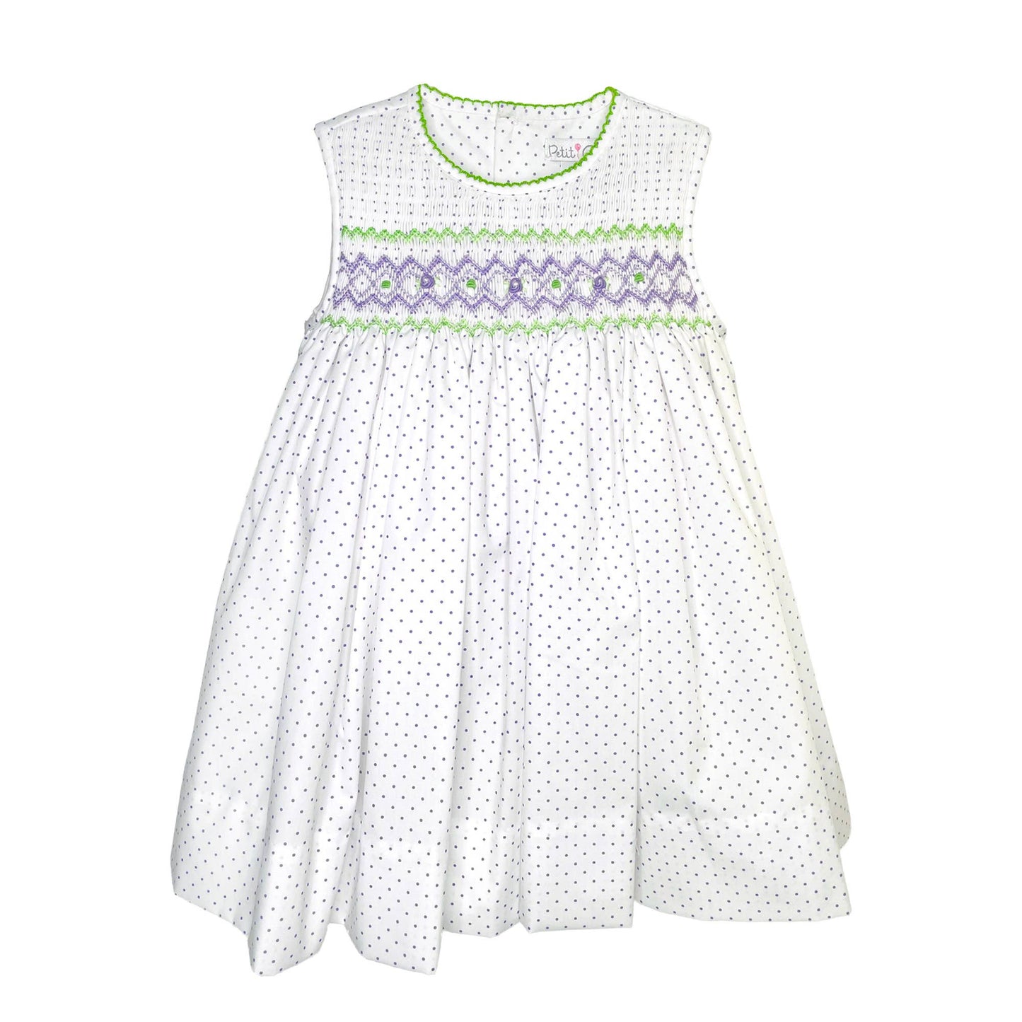 Lavender Dot Print Sleeveless Dress w/ Corded Hand Smocking