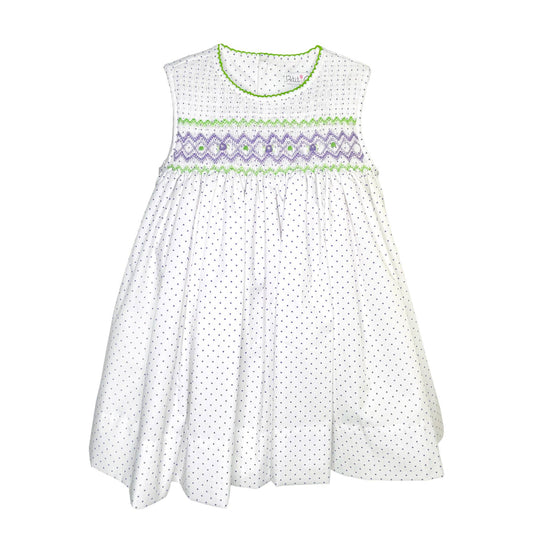 Lavender Dot Print Sleeveless Dress w/ Corded Hand Smocking