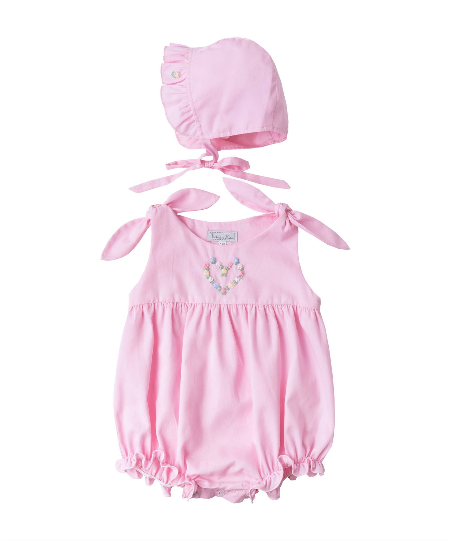 Pink Rosebud Embroidered Bubble + Bonnet