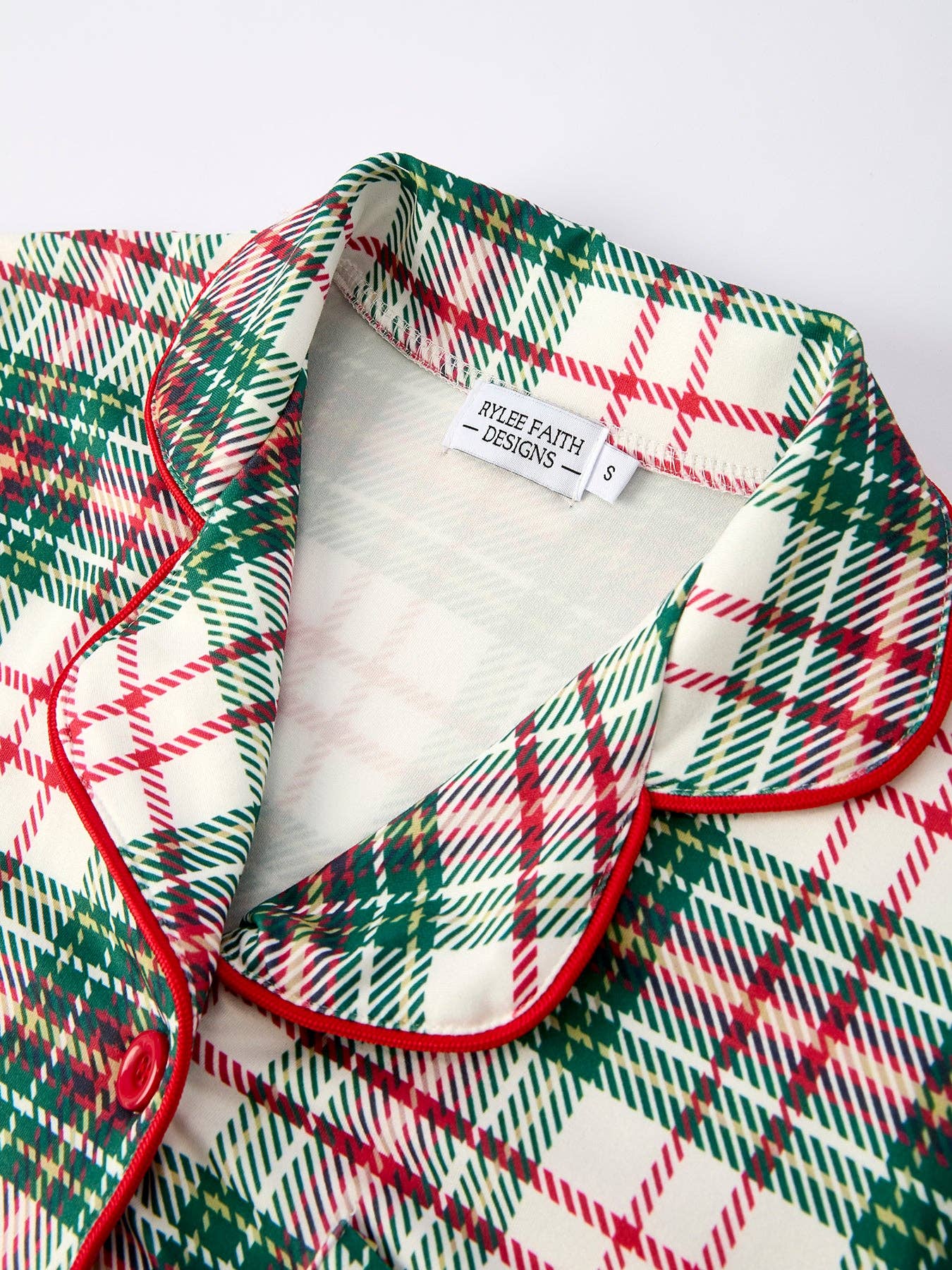 Christmas Plaid Pajamas Set with Long Sleeves and Red Cuffs