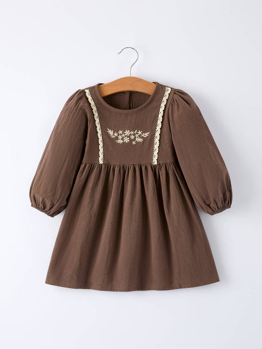 Girl Fall Embroidered Dress -Brown