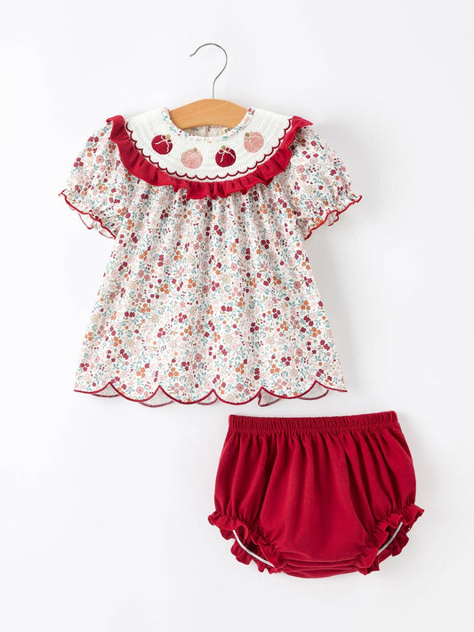 Fall Pumpkin Embroidery Baby Girl Outfit Set Red Floral Dress Bloomer