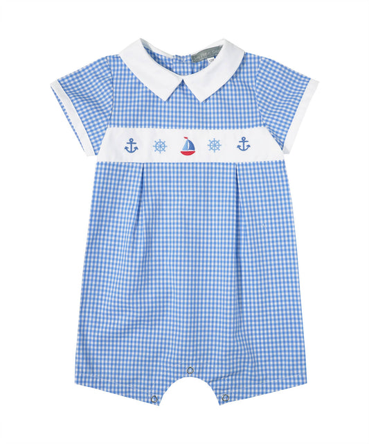Blue Gingham Nautical Embroidered Romper