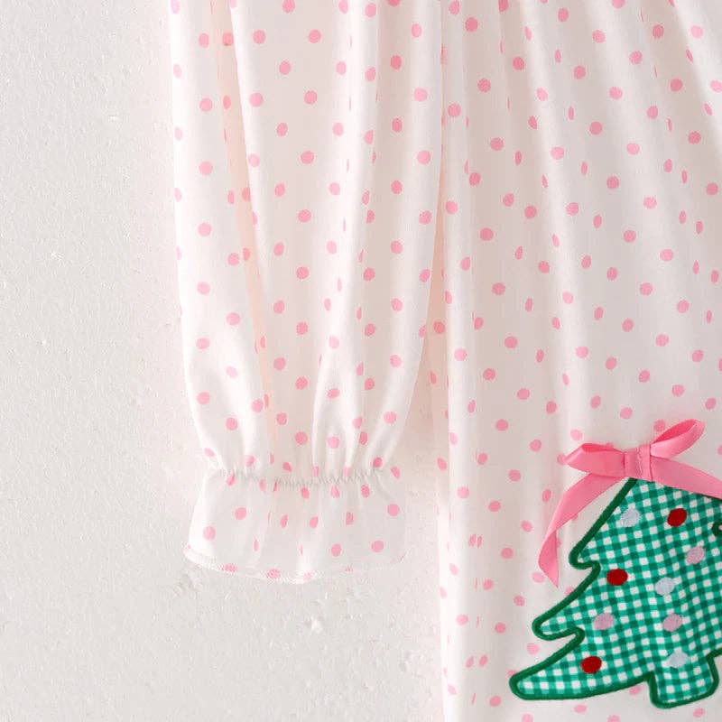 Girls Pink Dot Merry Christmas Embroidery Dress