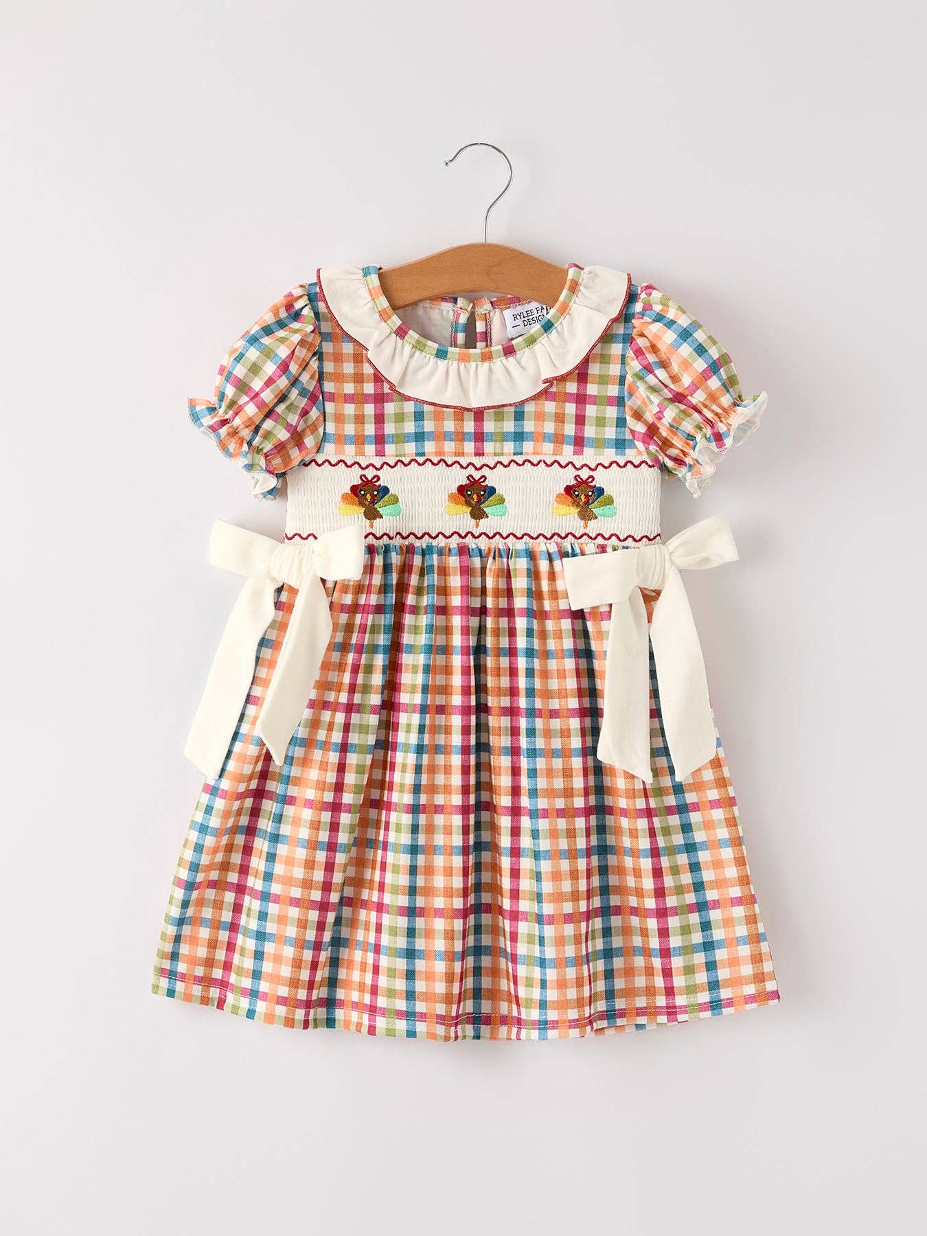 Thanksgiving Plaid Turkey Embroidery Smocking Girls Dress