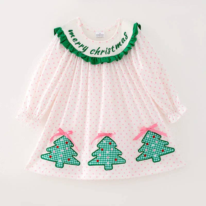 Girls Pink Dot Merry Christmas Embroidery Dress