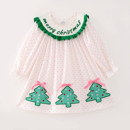 Girls Pink Dot Merry Christmas Embroidery Dress