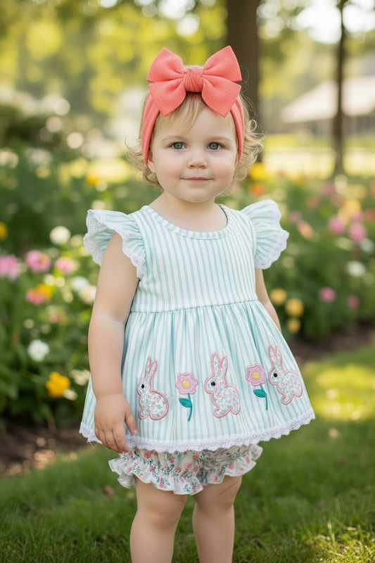 Easter bunny applique striped 2 piece set