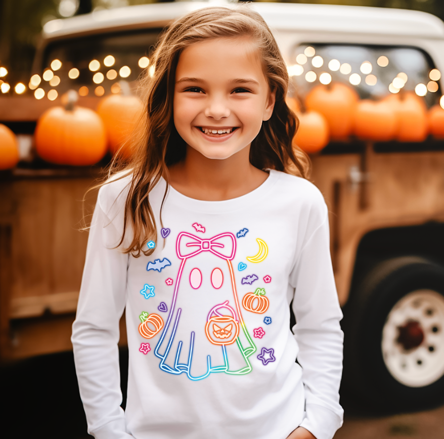 Neon Ghost Girls Halloween Tee Shirt, Pumpkins