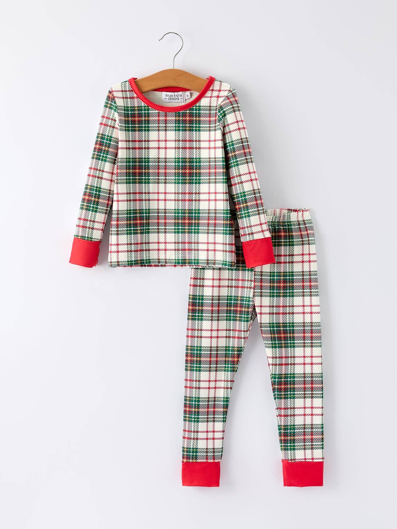 Christmas Plaid Pajamas Set with Long Sleeves and Red Cuffs