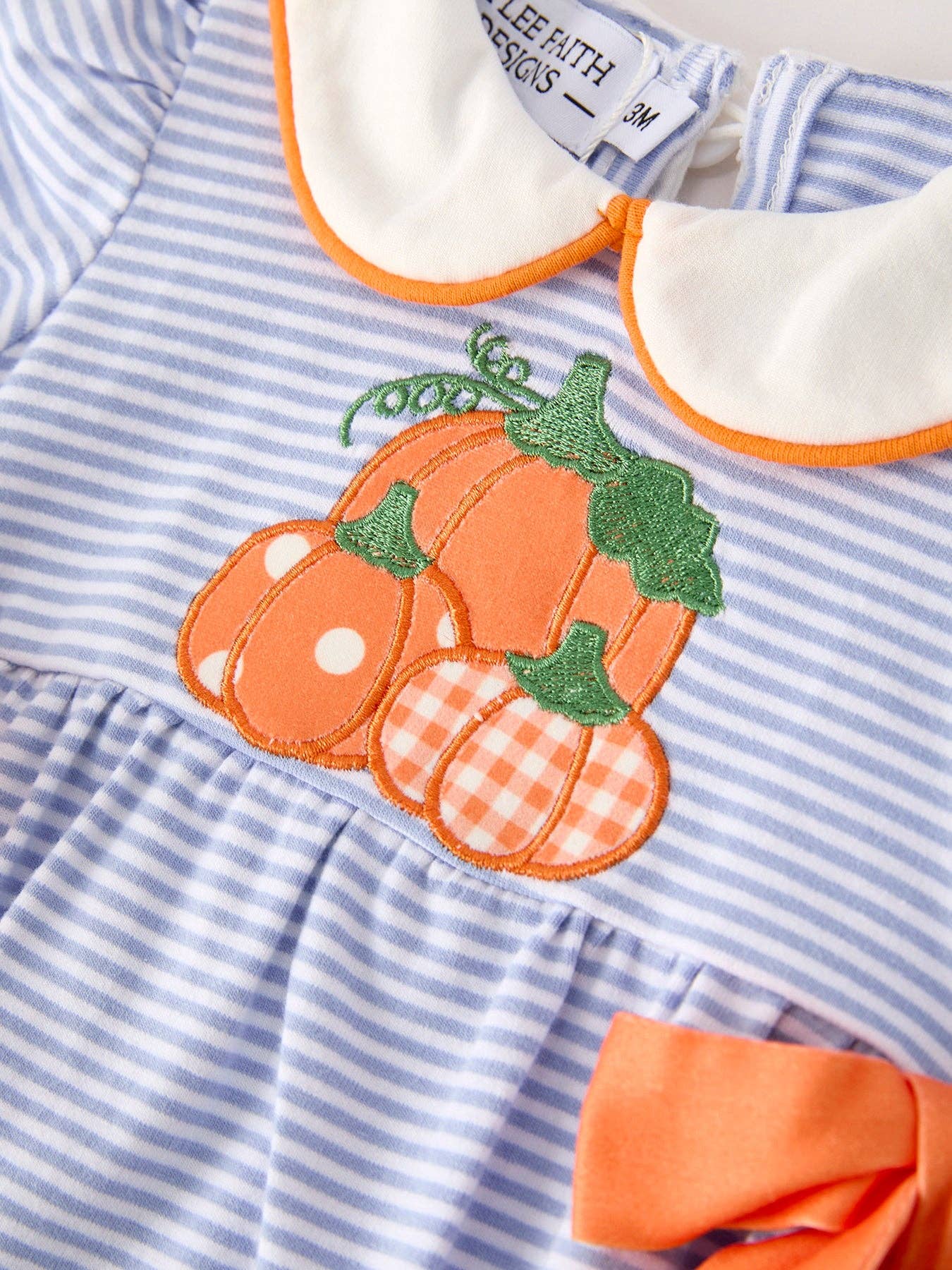 Fall Lapel Stripe Pumpkin Applique Bow Girls Bubble