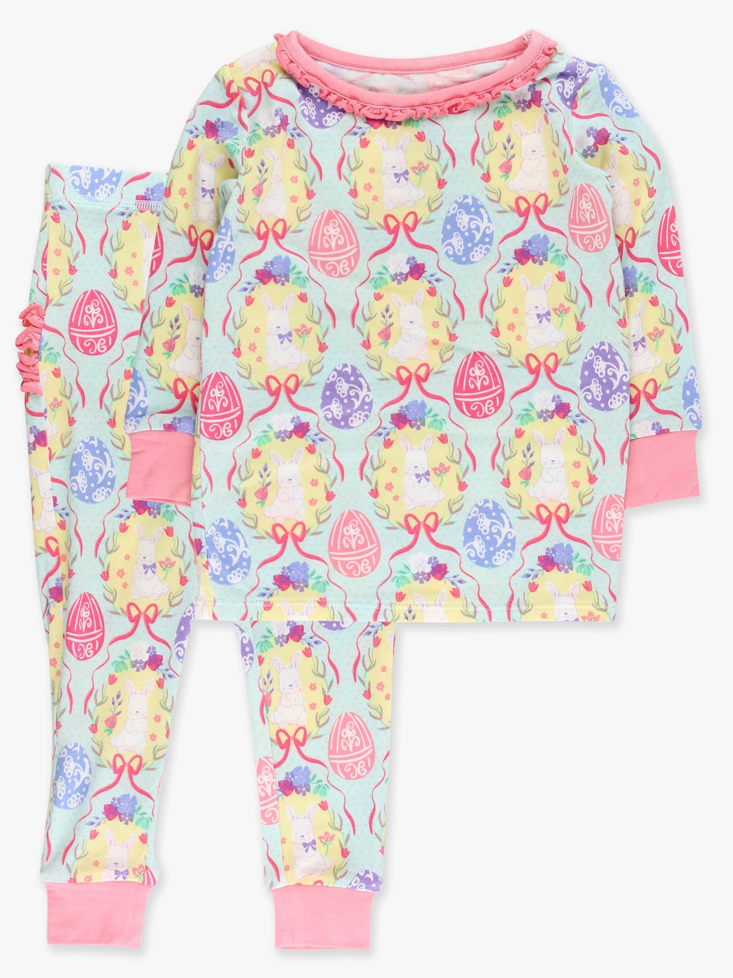 SoftSnooze™ Toddler Girls Bamboo Viscose Bunnies in Bloom Ruffle Long Sleeve Pajama Set with Signature Rear Ruffles