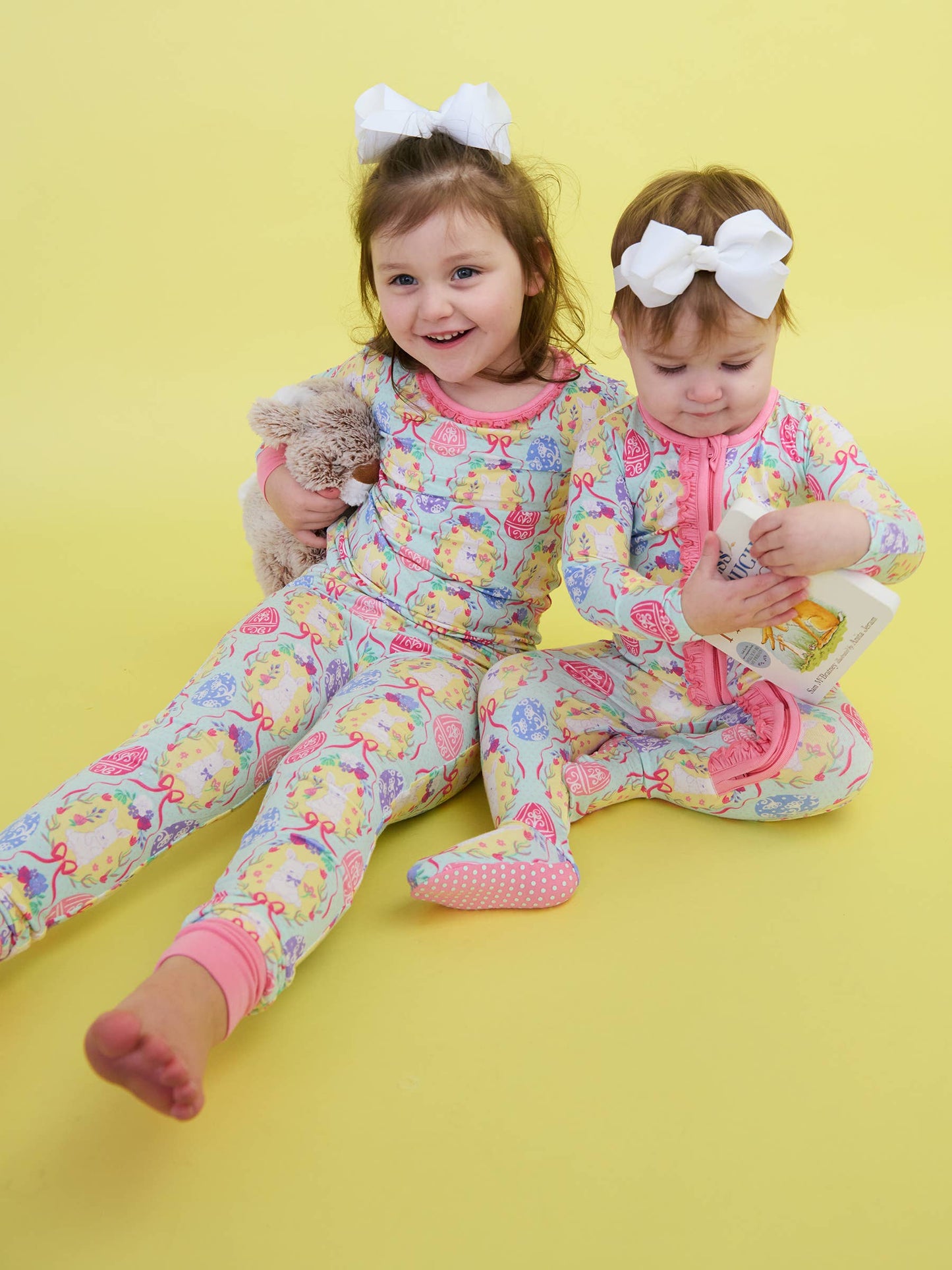 SoftSnooze™ Toddler Girls Bamboo Viscose Bunnies in Bloom Ruffle Long Sleeve Pajama Set with Signature Rear Ruffles