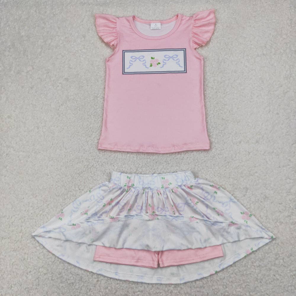 Baby Girls Green Pink Flutter Sleeves Bows Floral Top Skorts Sets