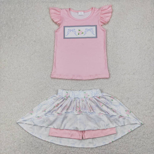 Baby Girls Green Pink Flutter Sleeves Bows Floral Top Skorts Sets