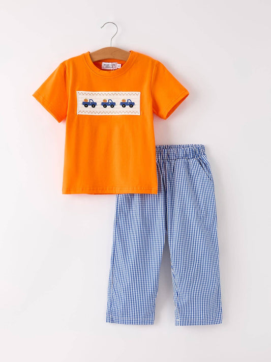 Fall Truck Smock Embroidery Baby Boy Set