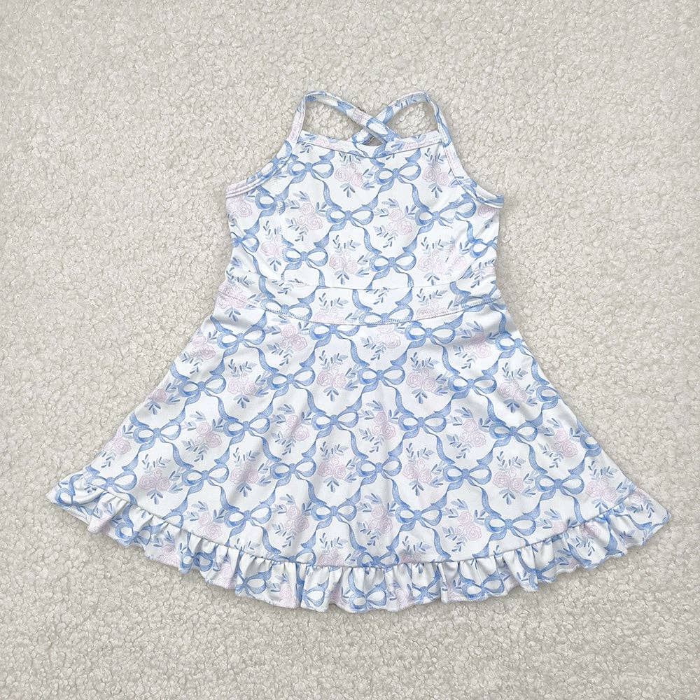 Baby Girls Strap Blue Bows Floral Yoga Ruffle Athletic Dresses