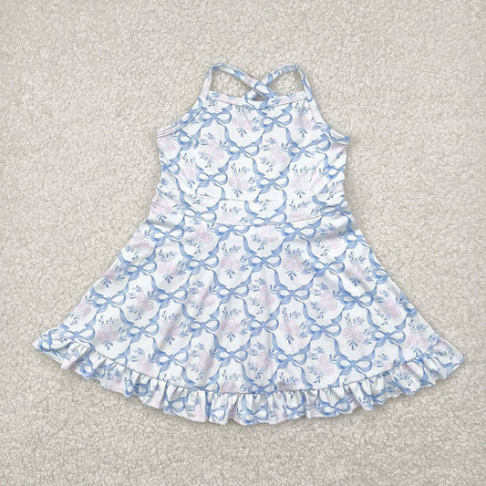 Baby Girls Strap Blue Bows Floral Yoga Ruffle Athletic Dresses