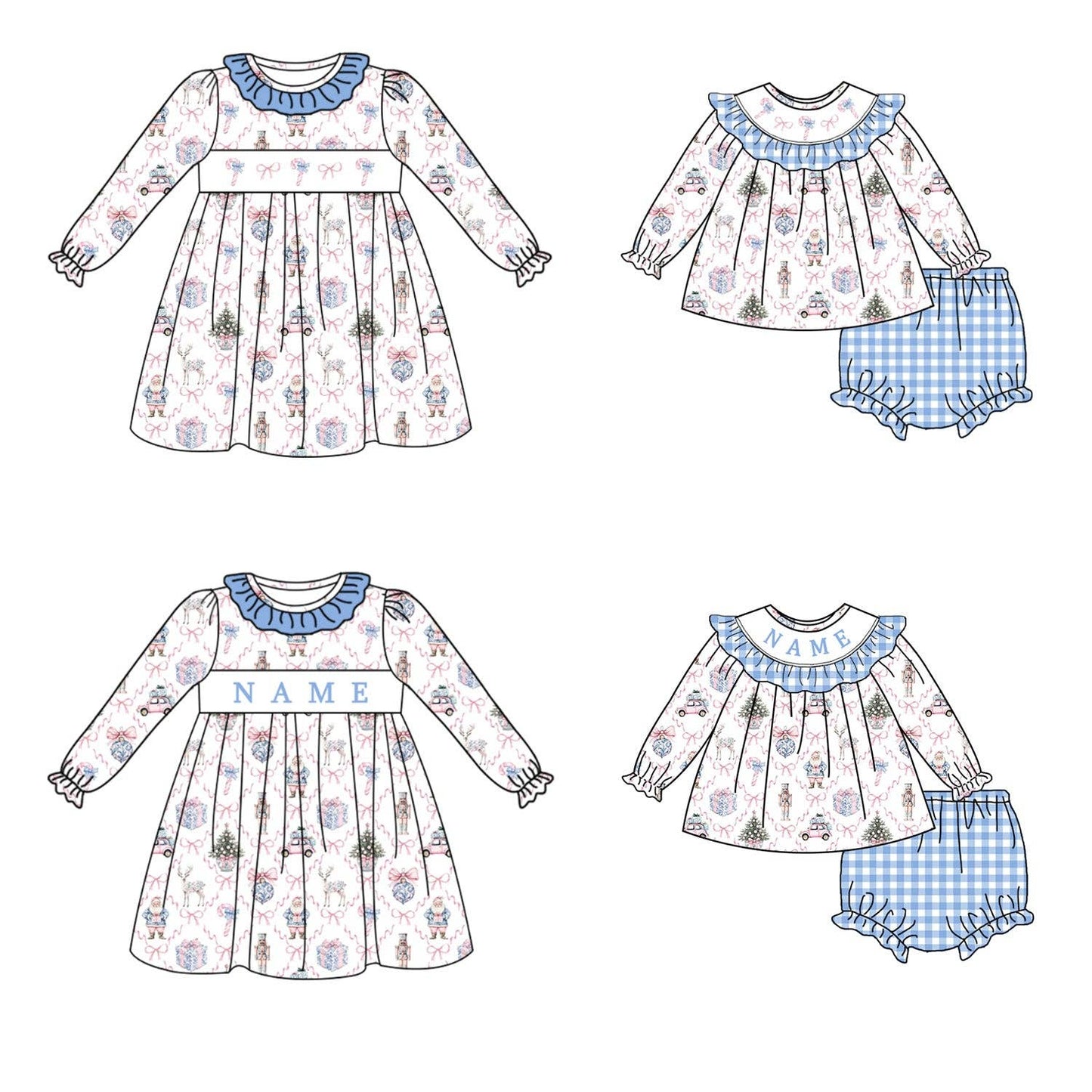 Girls Christmas Santa Bow Smocked Embroidery Custom Name Dress & Baby Set