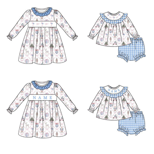 Girls Christmas Santa Bow Smocked Embroidery Custom Name Dress & Baby Set