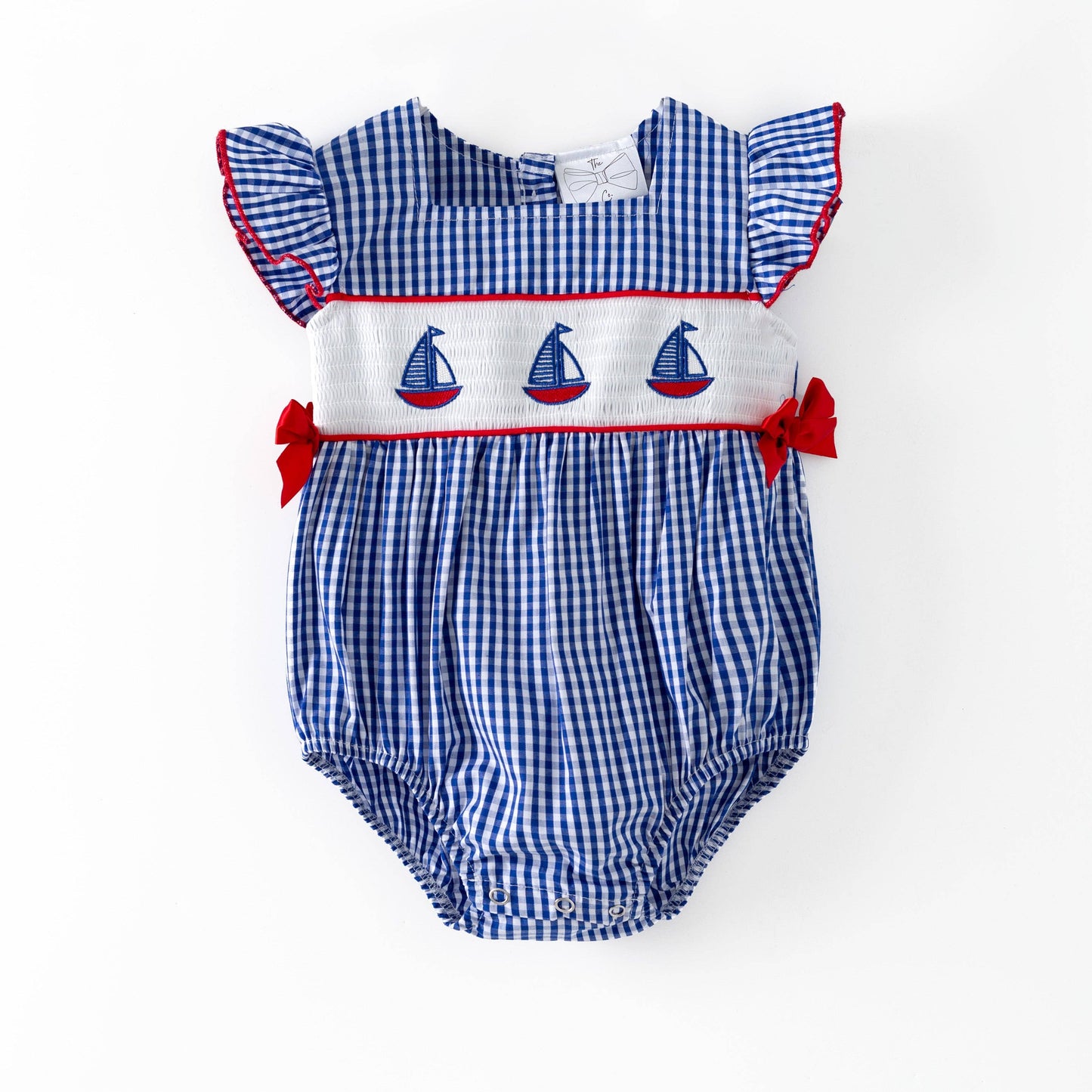 Blue Gingham Smocked Sailboat Girls Bubble