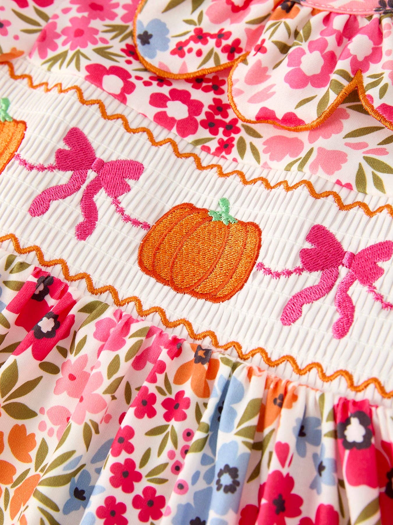 Halloween Pumpkin Bow Smock Embroidered Floral Dress