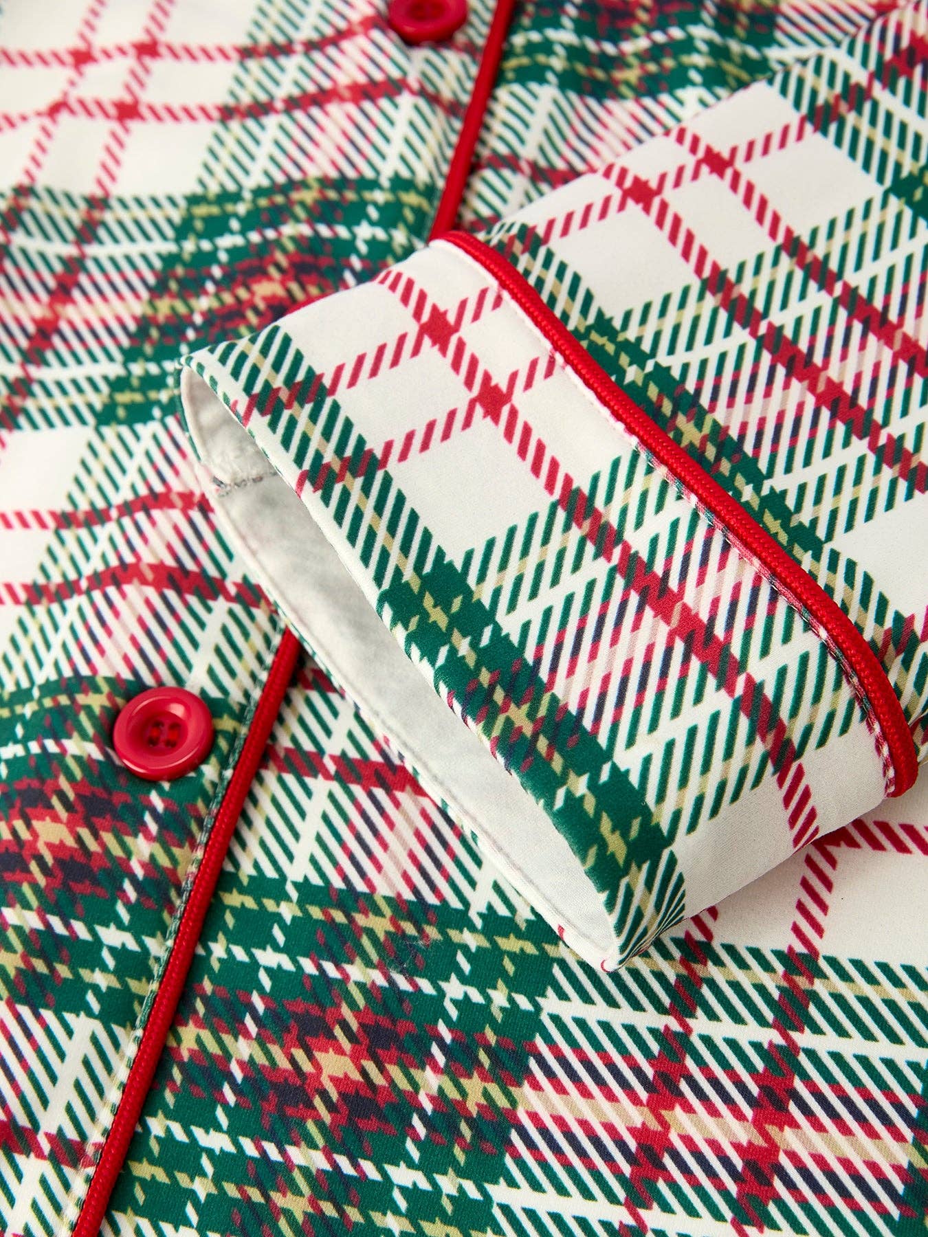Christmas Plaid Pajamas Set with Long Sleeves and Red Cuffs