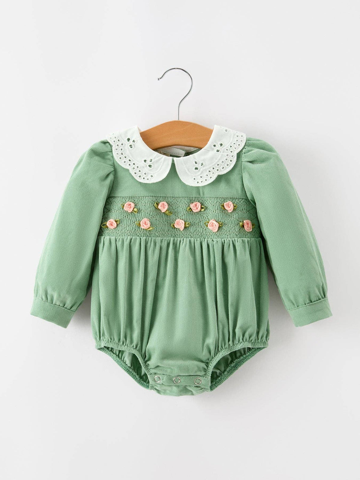 Baby Girls Sage Green Smocked Floral Peter Pan Collar Romper