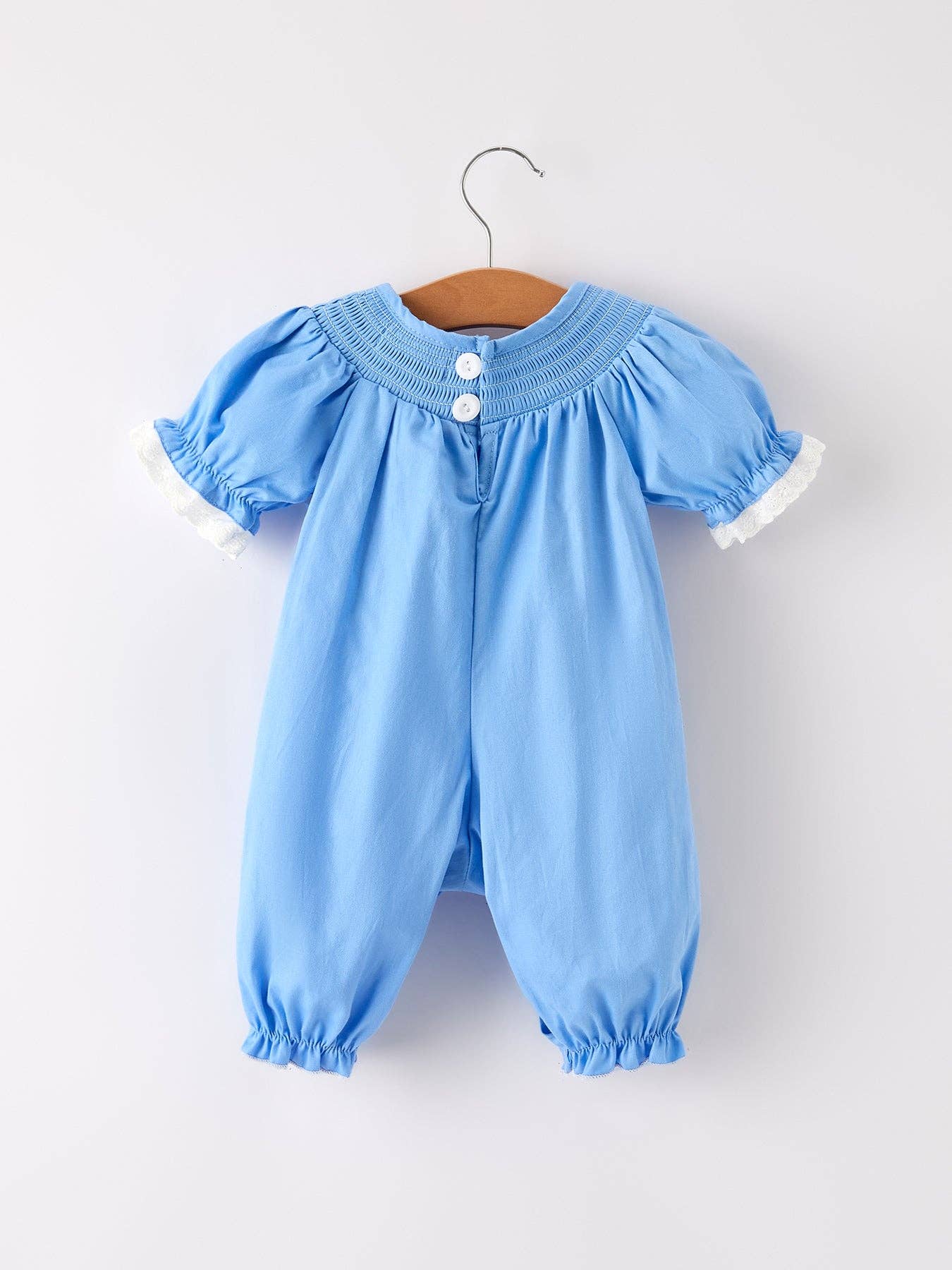 Fall Blue Pumpkin Smock Embroidery Lace Baby Girl Romper