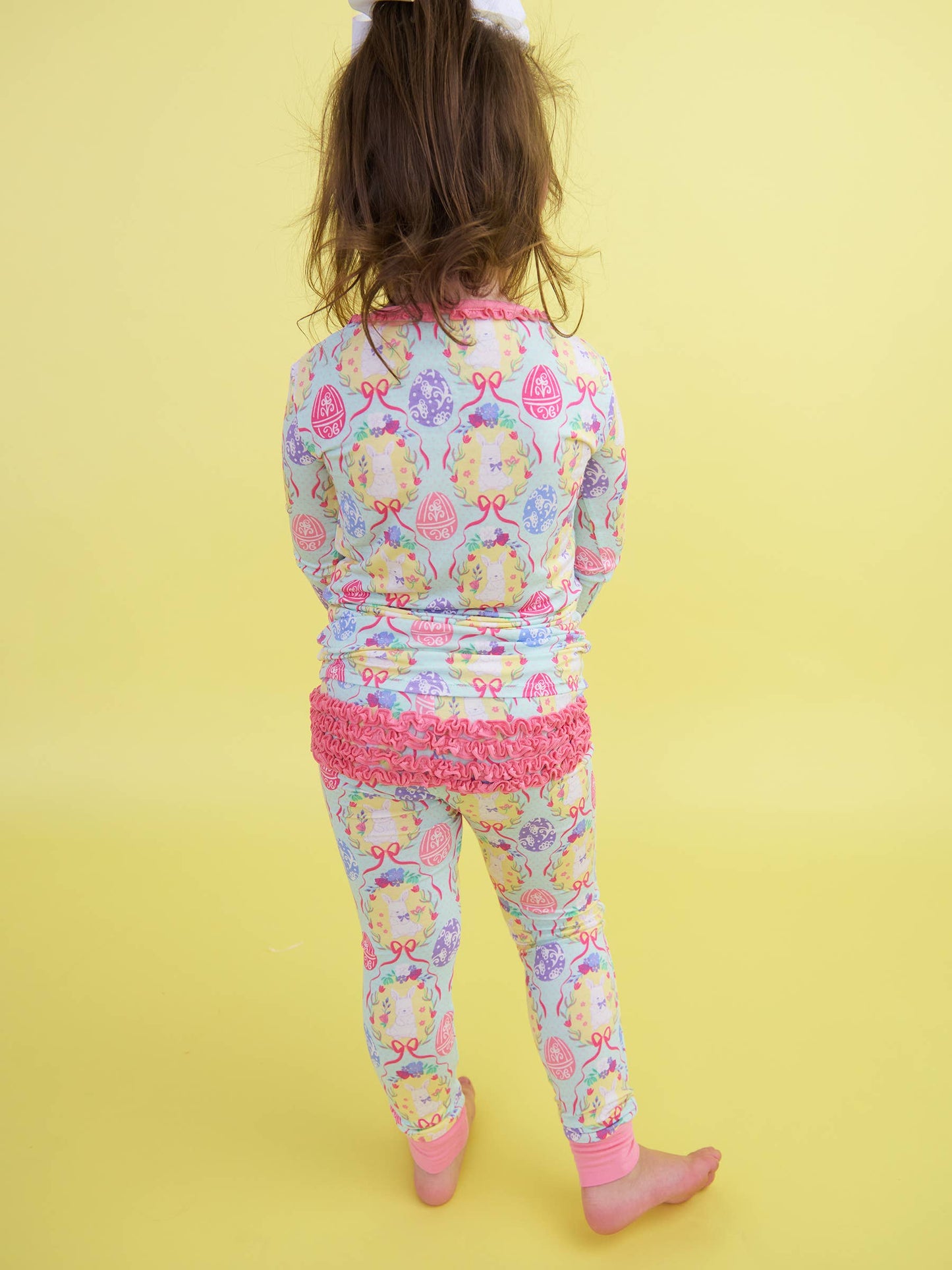 SoftSnooze™ Toddler Girls Bamboo Viscose Bunnies in Bloom Ruffle Long Sleeve Pajama Set with Signature Rear Ruffles