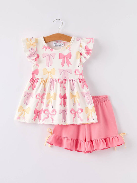 Girl's School Bow Short Sleeve Shorts Set