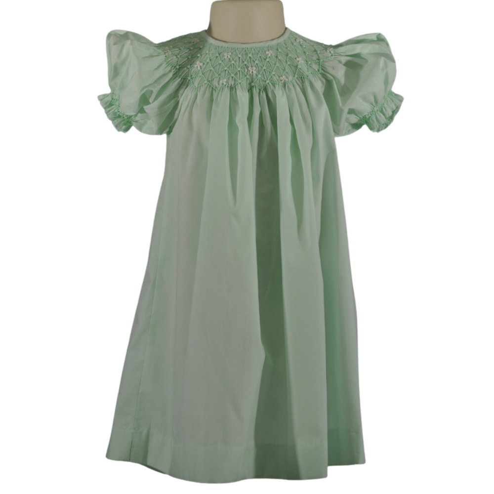 Mint Geometric Smocked Short Sleeve Bishop Dress featuring Little White Bows