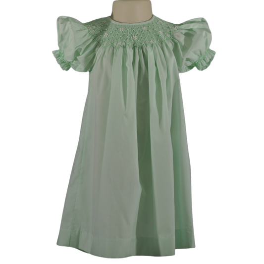Mint Geometric Smocked Short Sleeve Bishop Dress featuring Little White Bows