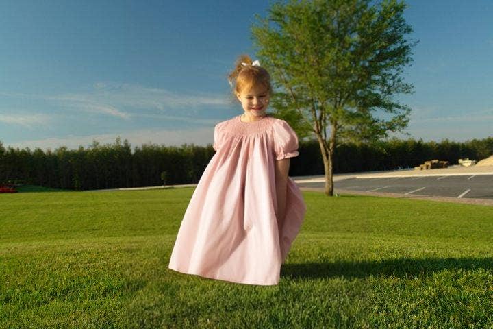 Light Pink Geometric Smocked with Pearl Short Sleeve Bishop Dress
