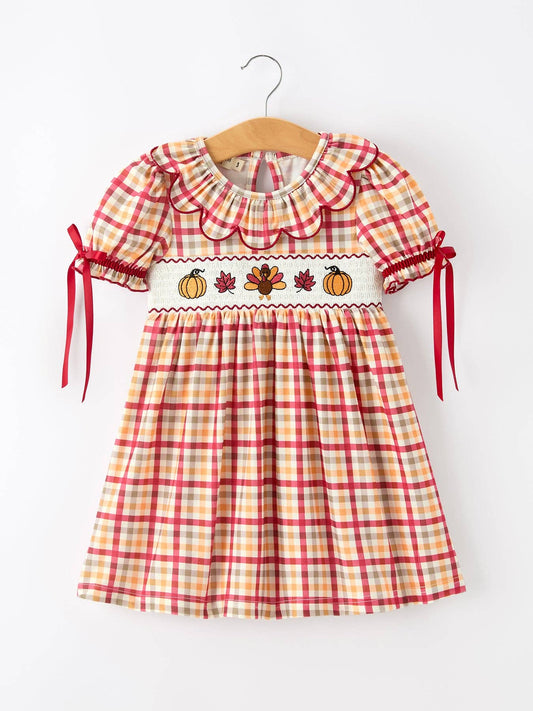 Thanksgiving Turkey Pumpkin Maple Leaf Smocked Plaid Dress
