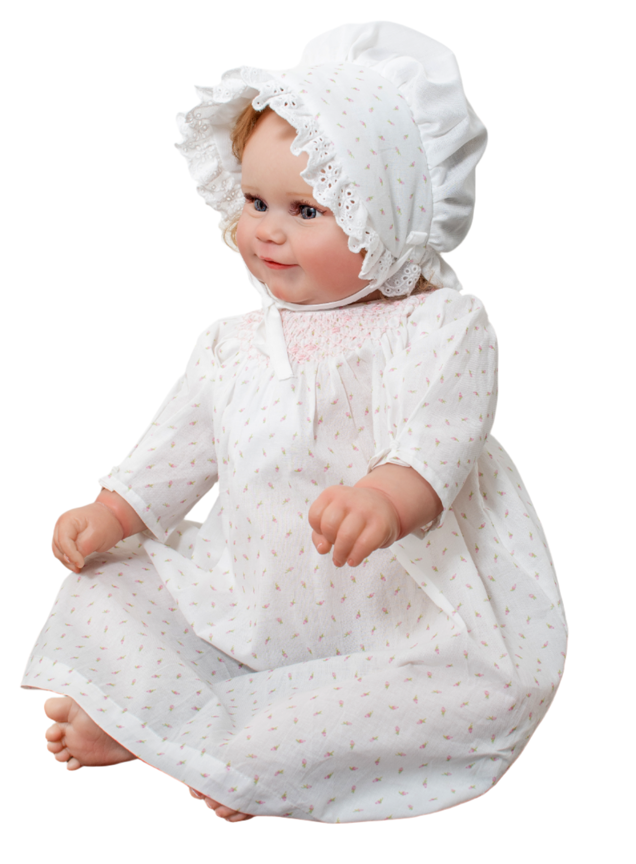 White Rosebud Print Baby Girl Dress with Bonnet