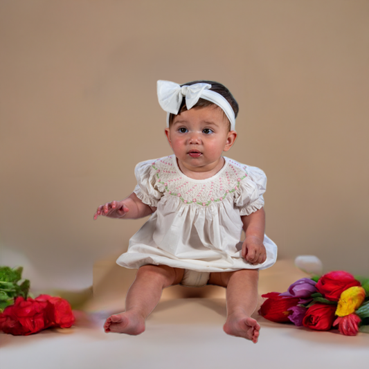 White Geo Smocked Bishop Bubble