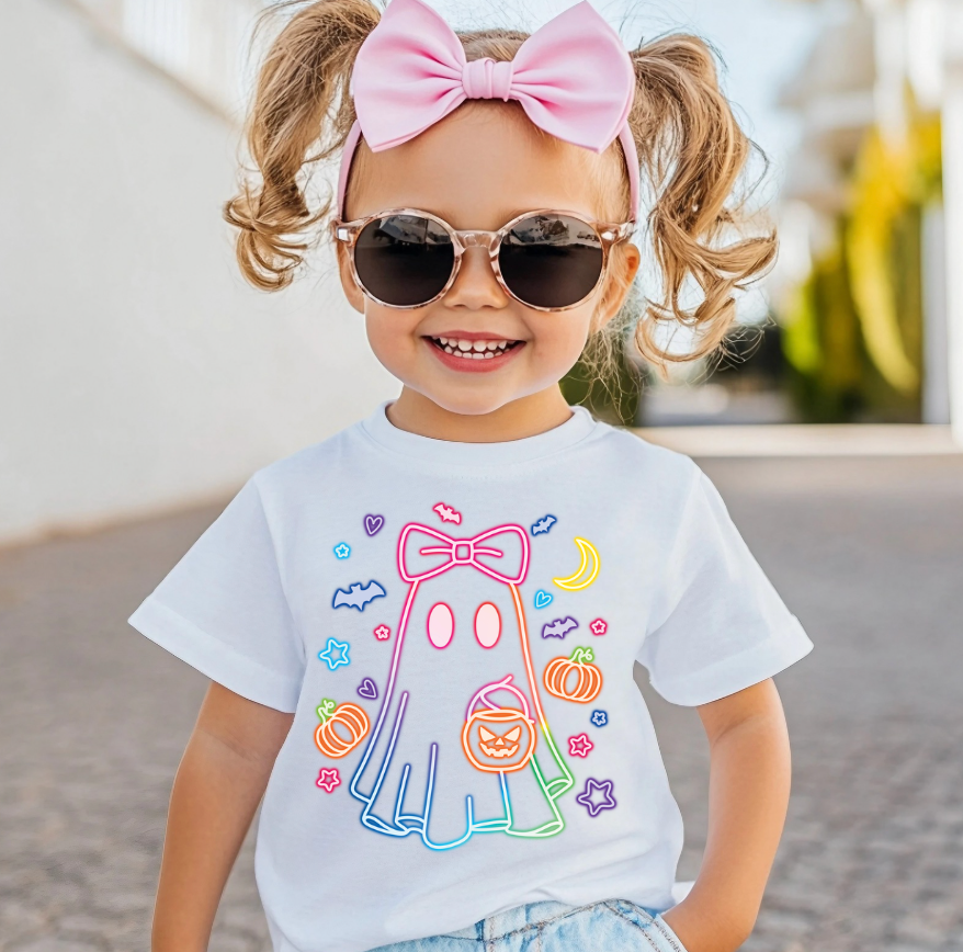 Neon Ghost Girls Halloween Tee Shirt, Pumpkins