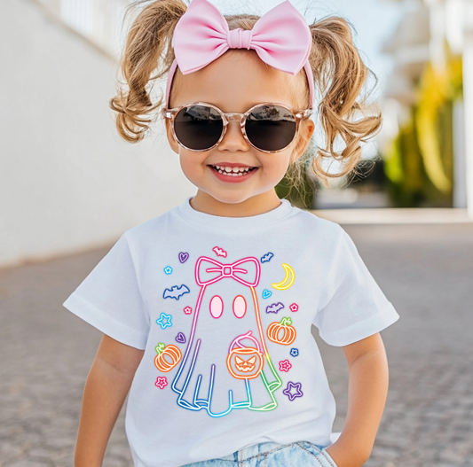 Neon Ghost Girls Halloween Tee Shirt, Pumpkins