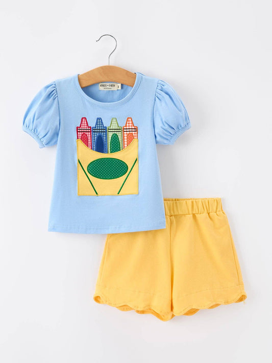 Girls Back To School Crayon Applique Top Shorts Set