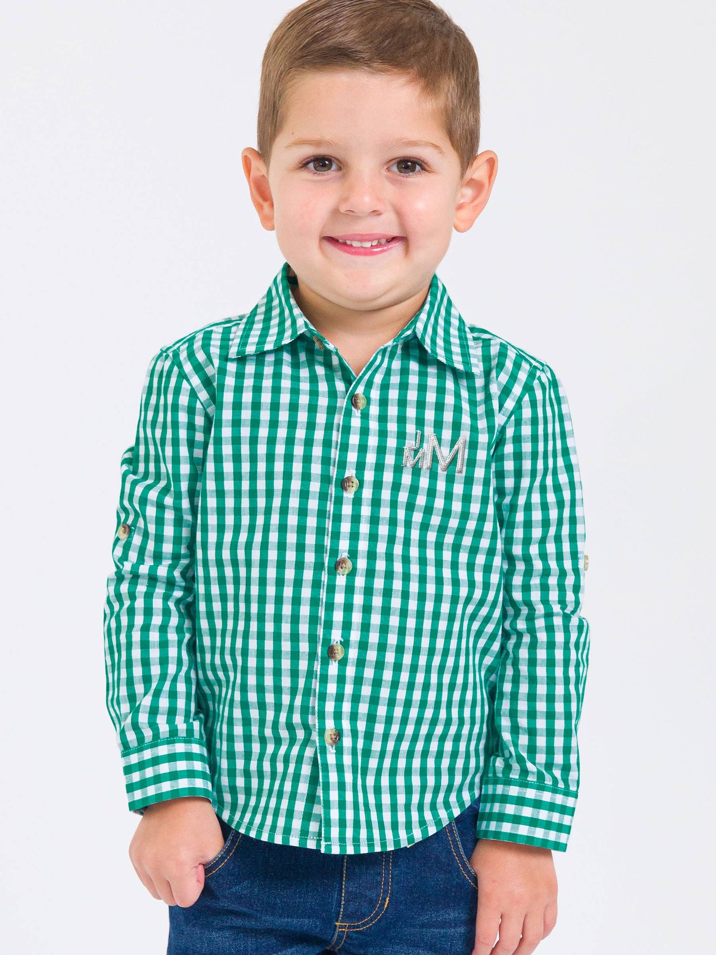Boys Christmas Classic Emerald Green Gingham Long Sleeve Button Down Shirt