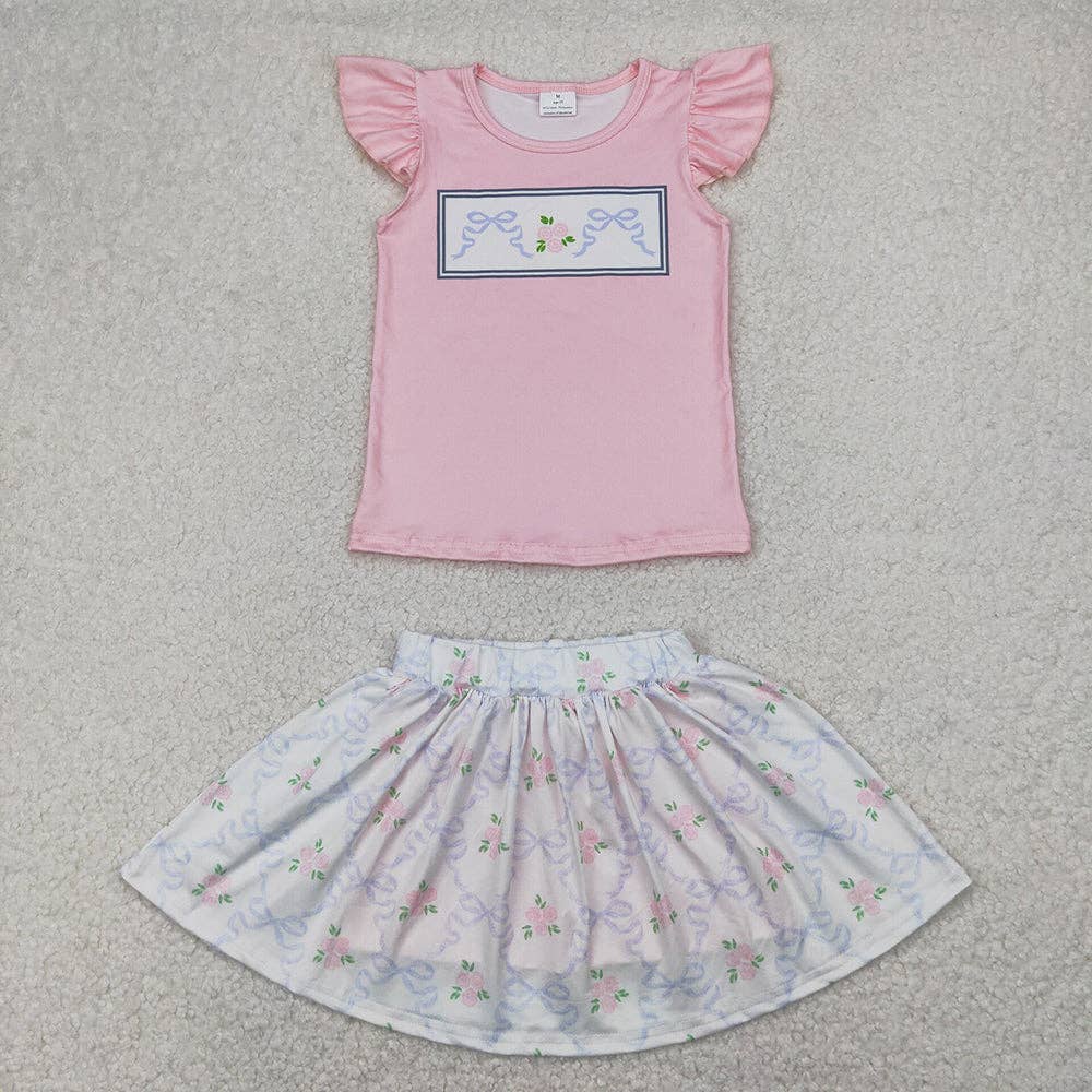Baby Girls Green Pink Flutter Sleeves Bows Floral Top Skorts Sets