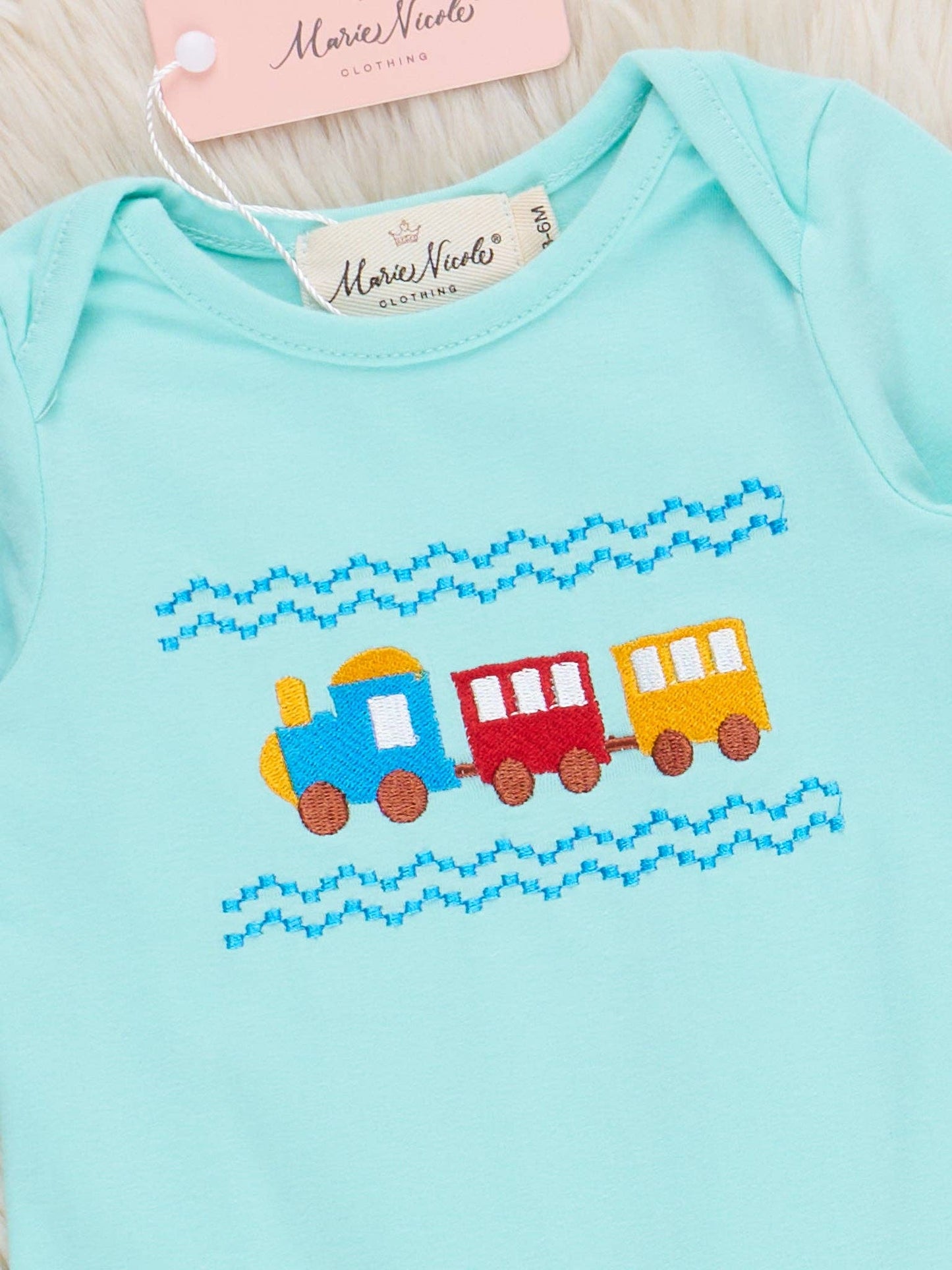 Teal & Yellow Embroidered Trains Romper