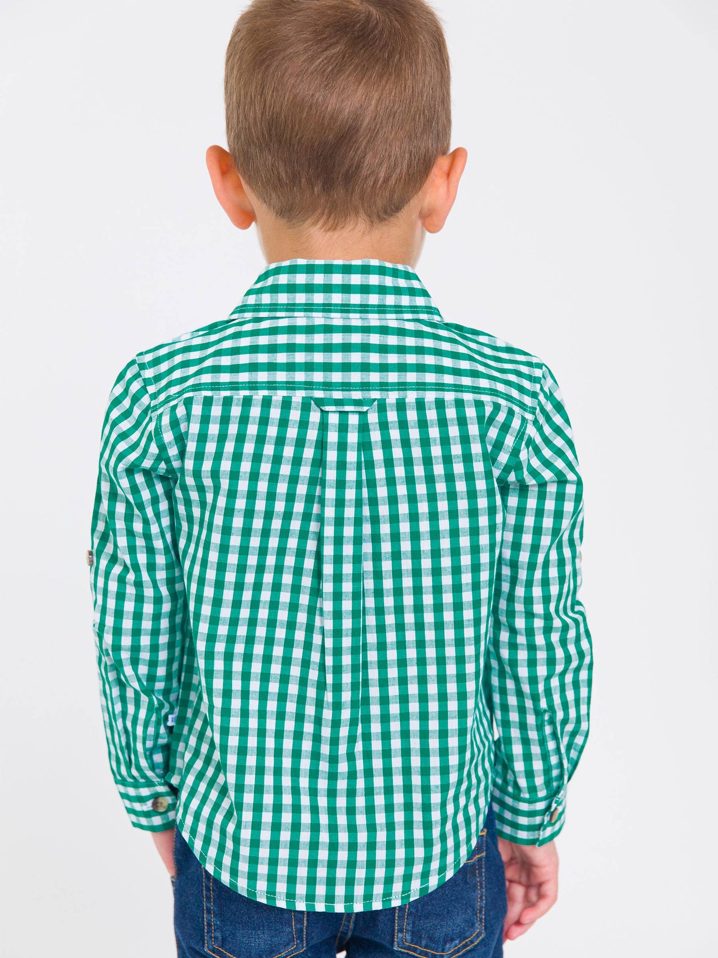 Boys Christmas Classic Emerald Green Gingham Long Sleeve Button Down Shirt