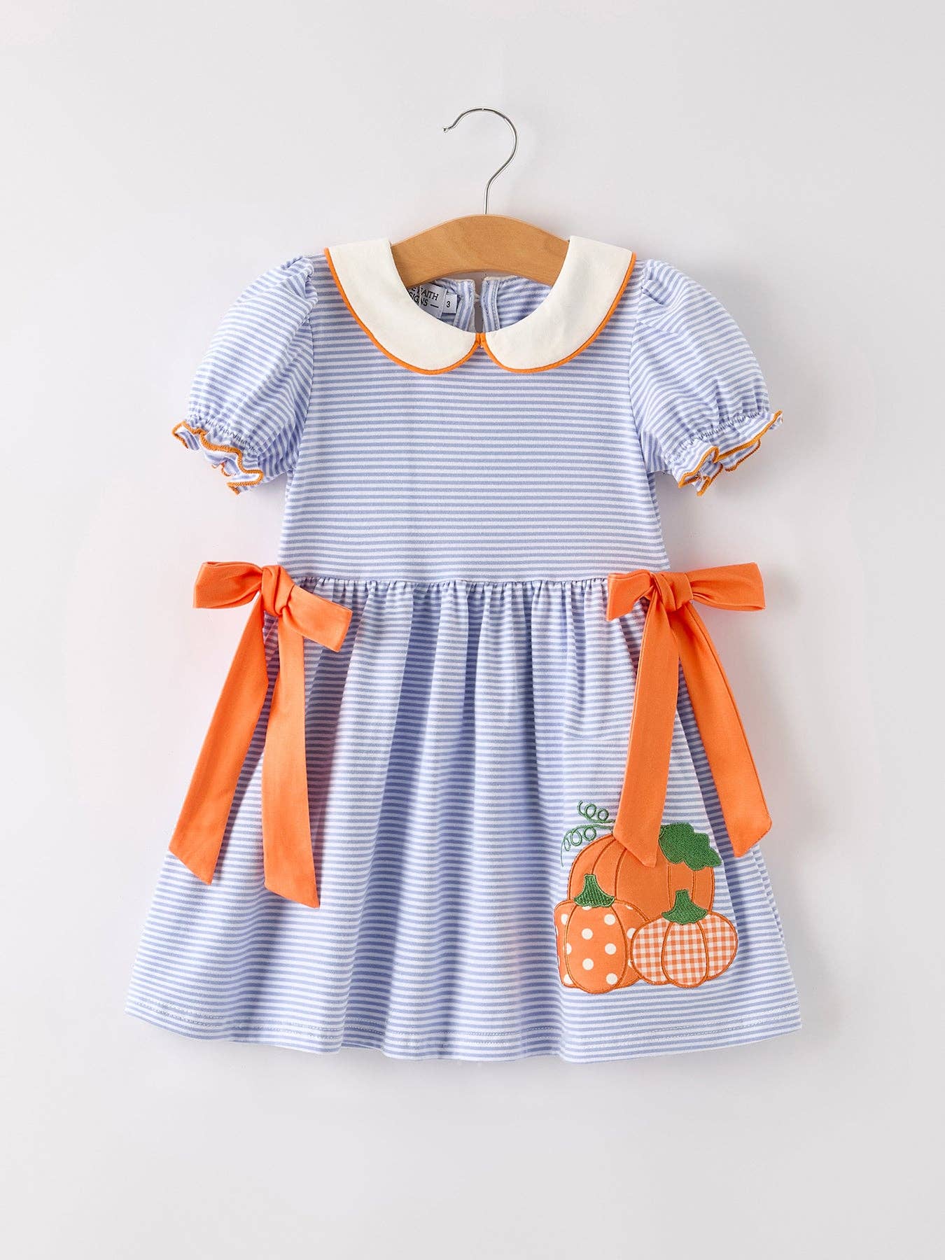 Fall Lapel Stripe Pumpkin Applique Bow Girls Dress